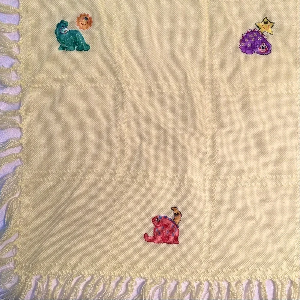 Vintage Handmade Cross Stitch Dinosaurs Baby Blanket Gender Neutral Yellow 40x23